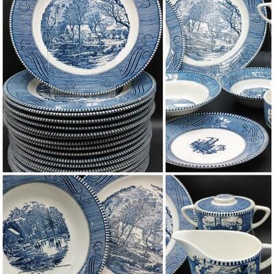 #129 Large Set Of Vintage Carrier & Ives Blue & White Dishes