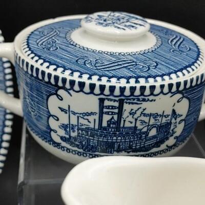 #129 Large Set Of Vintage Carrier & Ives Blue & White Dishes