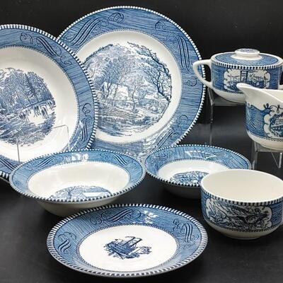 #129 Large Set Of Vintage Carrier & Ives Blue & White Dishes