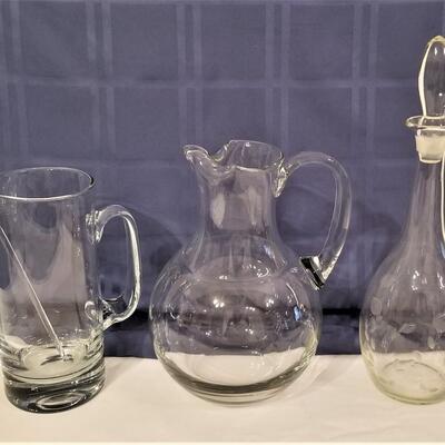 Lot #155  3 Piece Bar Lot - Martini Pitcher, Water Pitcher, Decanter