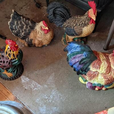 Gorgeous Vintage 3 iron and 1 ceramic chickens