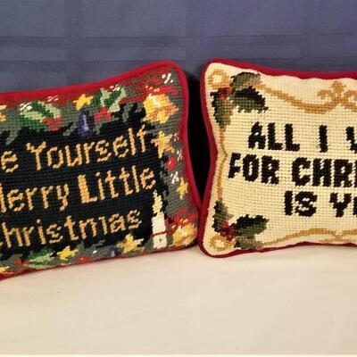 Lot #187  Two small Christmas themed Needlepoint Pillows