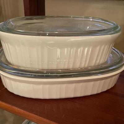 2 Corning French White oval baking dishes
