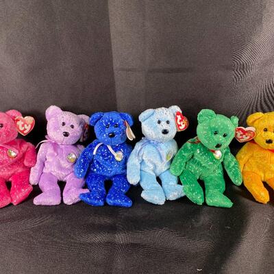 Set of 6 Colorful 10 Year Anniversary Decade Ty Beanie Baby Plush Stuffed Animal Bears