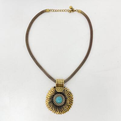 GOLD-TONED AND TURQUOISE MEDALLION NECKLACE