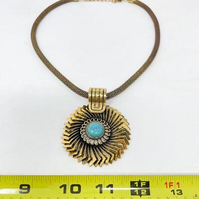 GOLD-TONED AND TURQUOISE MEDALLION NECKLACE