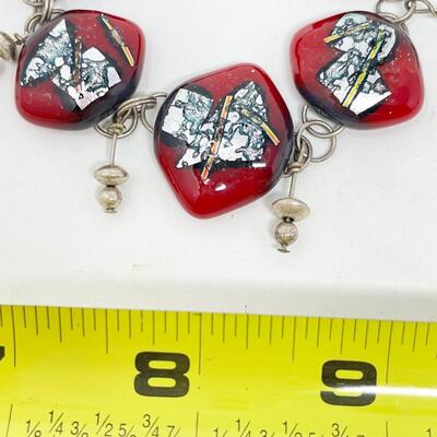 RED AND SILVER GLASS BEAD BRACELET