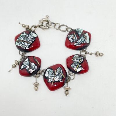 RED AND SILVER GLASS BEAD BRACELET