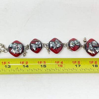 RED AND SILVER GLASS BEAD BRACELET