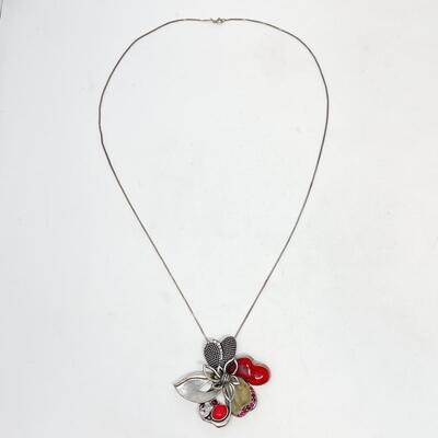 CHICOâ€™S RED AND SILVER TONED FLORAL NECKLACE