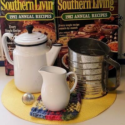 #158 Vintage White Enamel Coffee Pot & More
