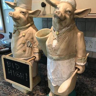 Two Ceramic Pig Chefs With Chalk Board. Local pick up only in Auburn, CA