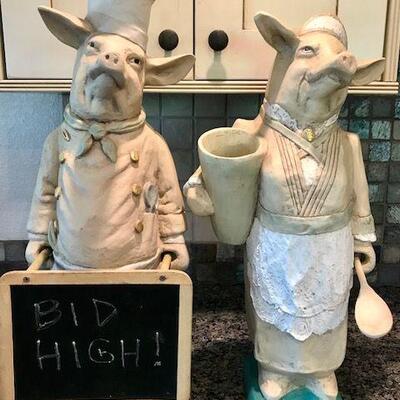 Two Ceramic Pig Chefs With Chalk Board. Local pick up only in Auburn, CA