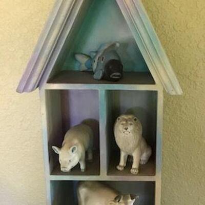 Ceramic Animal Figures in Wooden Shelf By Sergio Bustamante. Local pick up only in Auburn, CA.