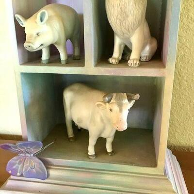 Ceramic Animal Figures in Wooden Shelf By Sergio Bustamante. Local pick up only in Auburn, CA.