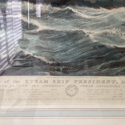 107 Antique Lithograph with hand coloring  â€œ The View of the Steam Ship Presidentâ€ by Henry Papprill