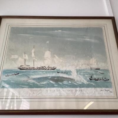 112 Signed  Water Color Painted Lithograph by Denis Wreford "Whaling off the Cape of Good Hope"