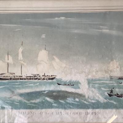 112 Signed  Water Color Painted Lithograph by Denis Wreford "Whaling off the Cape of Good Hope"