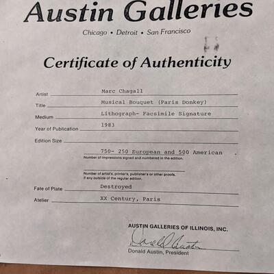 Certified Marc Chagall Lithograph Musical Bouquet