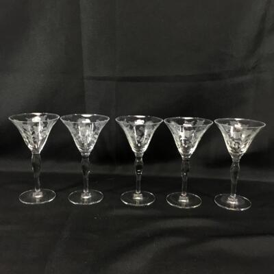 Set of 5 Etched Crystal Cordial Glasses