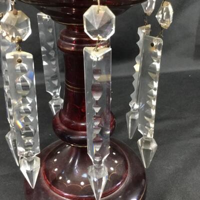 Bohemian Ruby Red Painted Glass Mantle Lustre Candle Holder