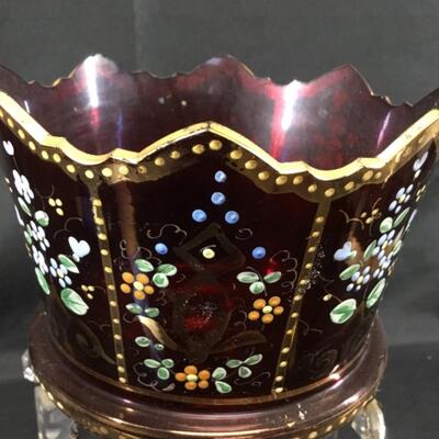 Bohemian Ruby Red Painted Glass Mantle Lustre Candle Holder