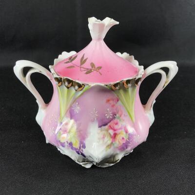 Vintage Pink Purple Floral Porcelain China Sugar Bowl w. Lid