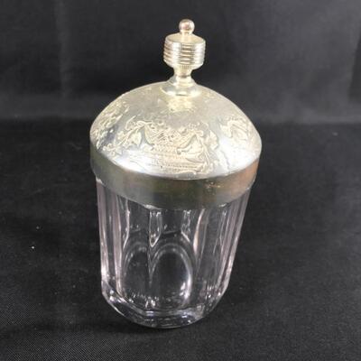 Ornate Glass/Metal Pickle Caster Olive Caddy w. Tongs & Lid