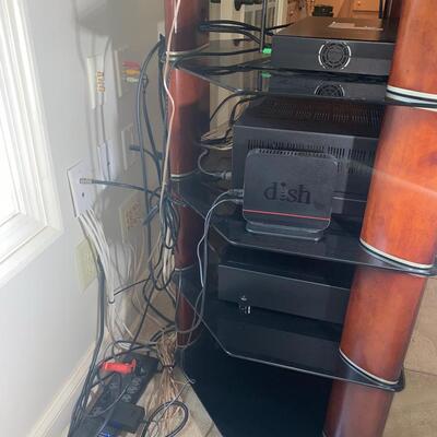#187 TOP NOTCH Tall Wood & Glass Entertainment Stand 