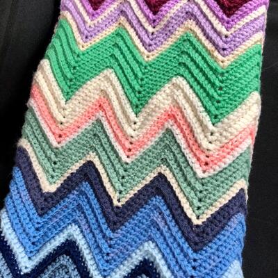 Large Afghan, multicolored, zigzag pattern.