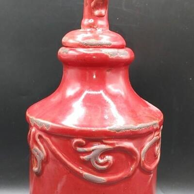 #196 Red Fleur de Lis pottery Decanter 