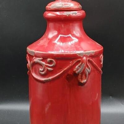#196 Red Fleur de Lis pottery Decanter 