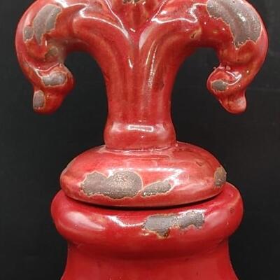 #196 Red Fleur de Lis pottery Decanter 