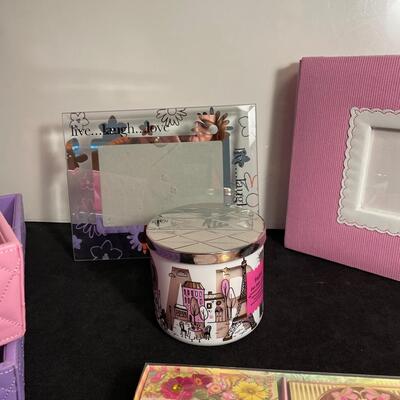 Lot 151  Pink and Purple Storage, Notecards, Candle and Frame