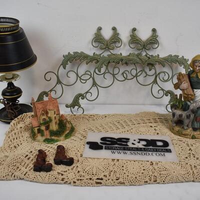 7 pc Various Decor Lot: Tablecloth, Lamp, Statue, Boots, Wall Decor, House