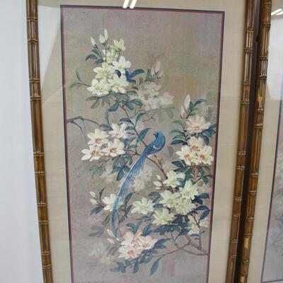 2 Vintage Asian Prints (flowers & birds) with Bamboo style frames