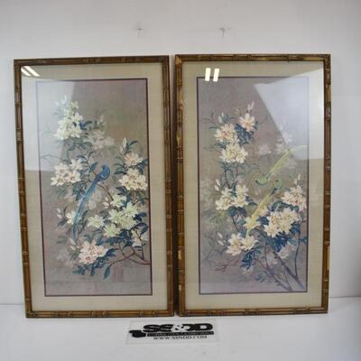 2 Vintage Asian Prints (flowers & birds) with Bamboo style frames