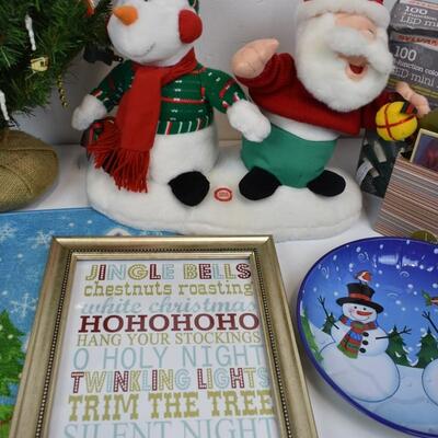 13 pc Christmas Decor: Small rug, small tree, ribbon, framed words, glass plate