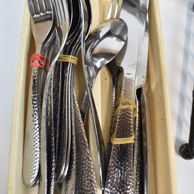 Various Kitchen Items: 2 metal trivets, flatware, 3 pans, small knife block