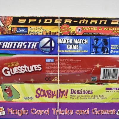 9 pc Kids Board Games: Spider-Man 2, Guesstures, Scene It, Chutes & Ladders, etc