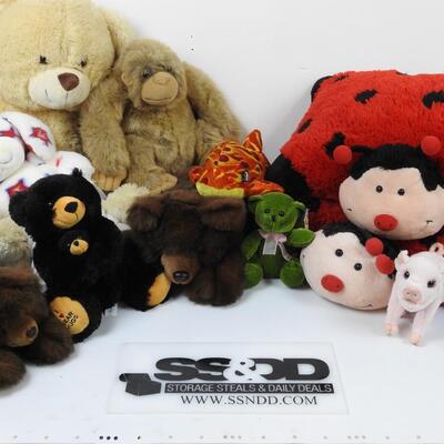Lot of Stuffies: Bears, Ladybug Pillows, etc