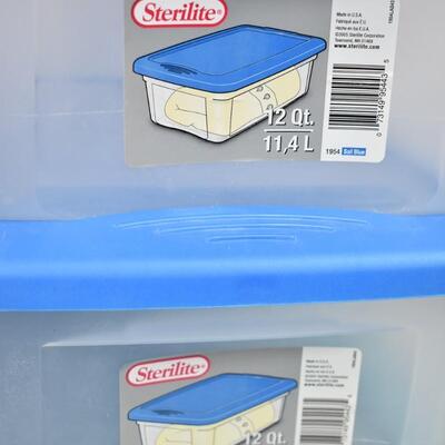 5 Storage Bins with Lids: Clear/Green/Blue. 3 are 12 qt size