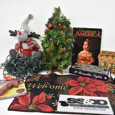12 pc Christmas Decor: Welcome mat, Book, Small tree, Poinsettia lights, etc.