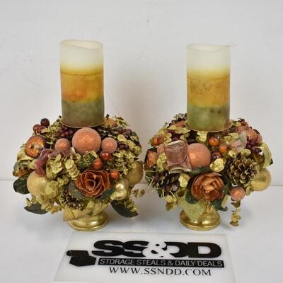 2 Faux Floral Centerpieces with 2 electric pillar candles