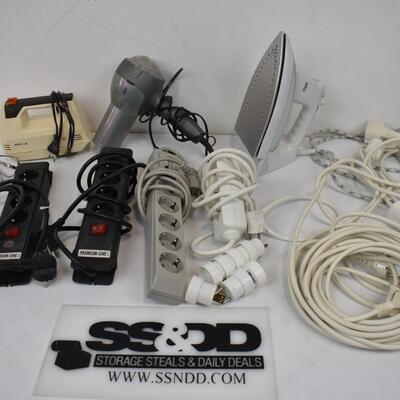16 pc European Outlet Plug Lot: cords, protectors, Iron, Dryer, Mixer, Adapters