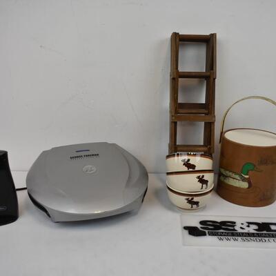 7 pc Kitchen: Can Opener, Foreman Grill, Bowls, Wine Rack, Ice Bucket