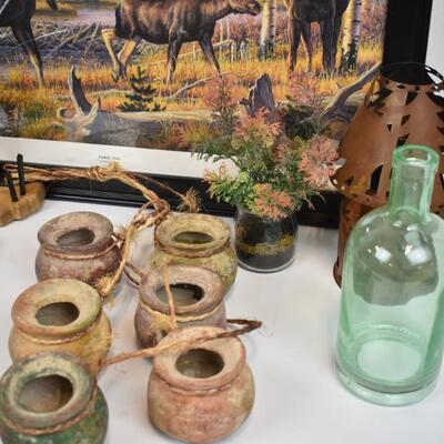 Outdoor Style Decor: Bottles, Ceramic Jars, Fox Statuette, Painting, etc