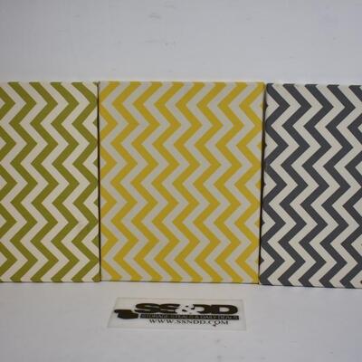3pc Wall Decor: Zig Zag Canvas Wraps, Green, Yellow, Cool Grey