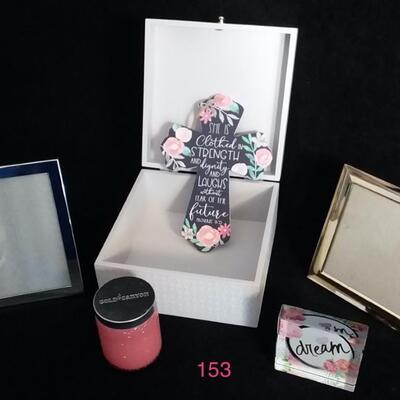 Lot 153  Gray Treasure Box, Scripture Cross, Frames