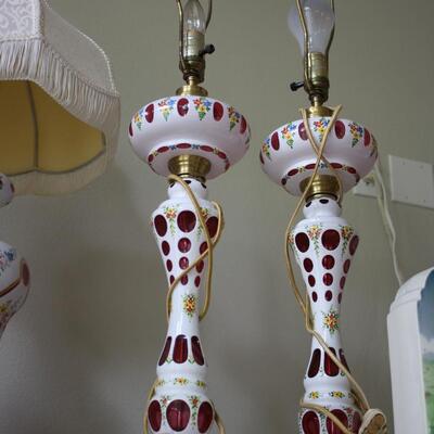 BOHEMIAN OVERLAY CZECH MOSER CUT TO CRANBERRY LAMPS #49 LOCAL PICKUP ONLY